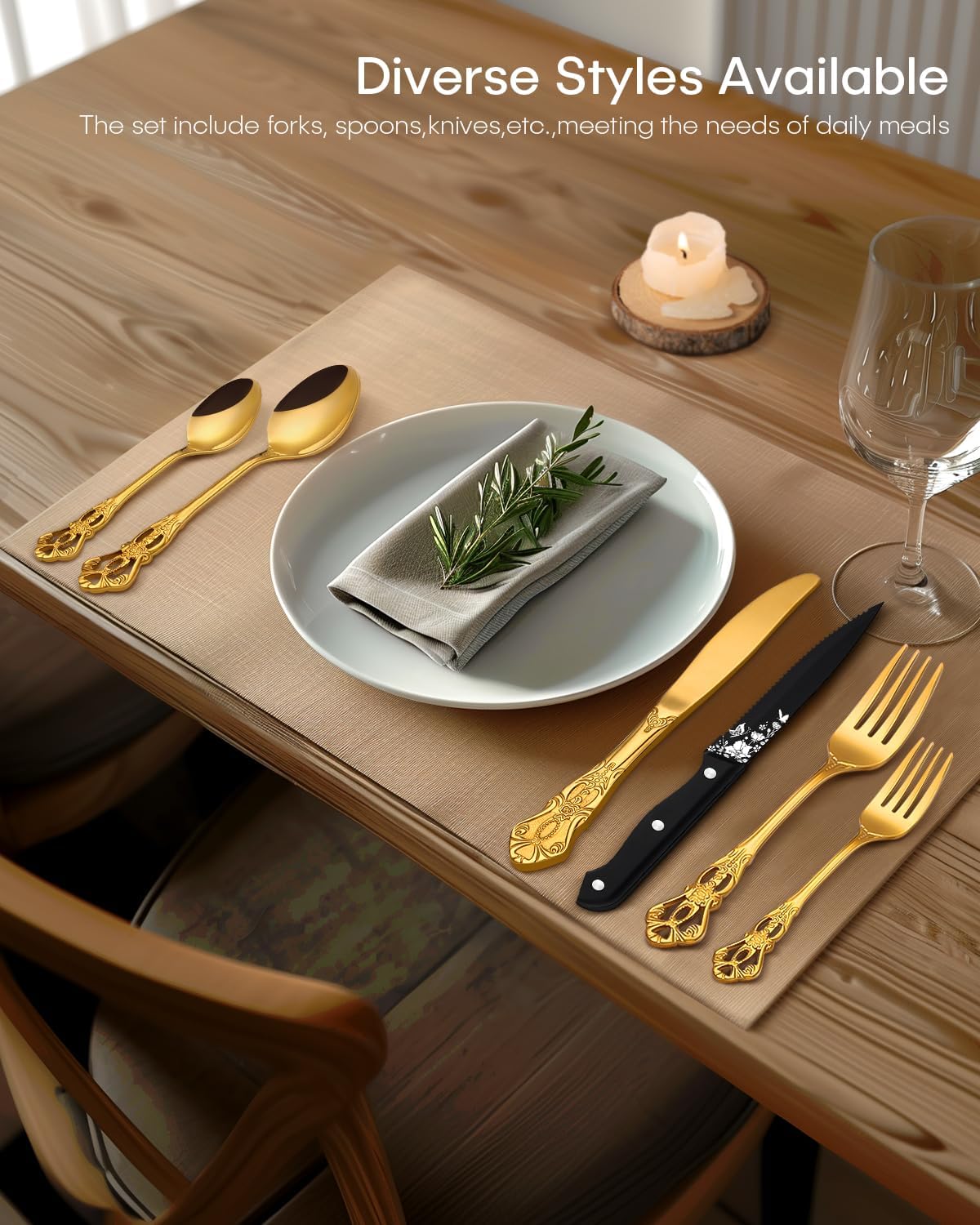 Black Silverware set with Steak Knives, Ollex 24PCS Retro Royal Flatware Set for 4 with Box, Food-Grade Stainless Steel Utensil Sets Includes Spoons Forks and Knives, Mirror Finish Dishwasher Safe