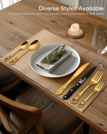 Black Silverware set with Steak Knives, Ollex 24PCS Retro Royal Flatware Set for 4 with Box, Food-Grade Stainless Steel Utensil Sets Includes Spoons Forks and Knives, Mirror Finish Dishwasher Safe