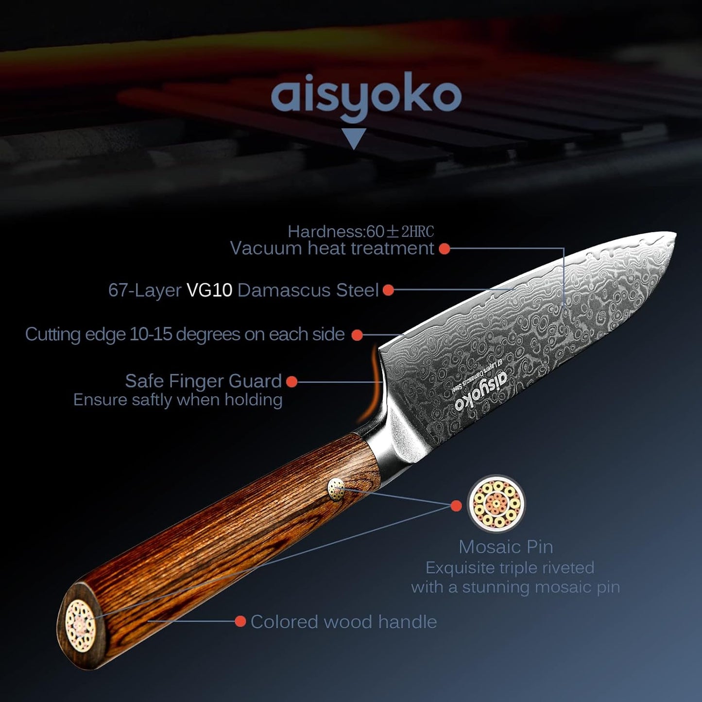 5-Inch Paring Knife - Japanese VG-10 Super Steel 67-Layer Damascus Blade - Fruit Utility Knife for Carving & Peeling - Luxury Gift Box with Color Wooden Handle - Includes Scabbard