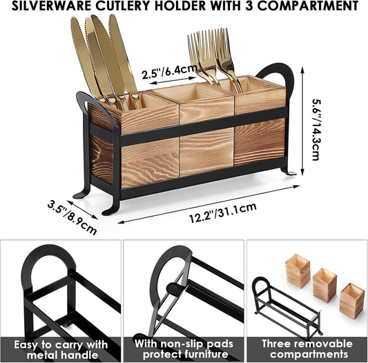 BSTKEY Wooden Utensil Caddy, Farmhouse Kitchen Silverware Holder with 3 Compartment, Flatware Organizer with Black Portable Metal Tray, Utensil Cutlery Organizer for Forks Spoons Knives, Wood
