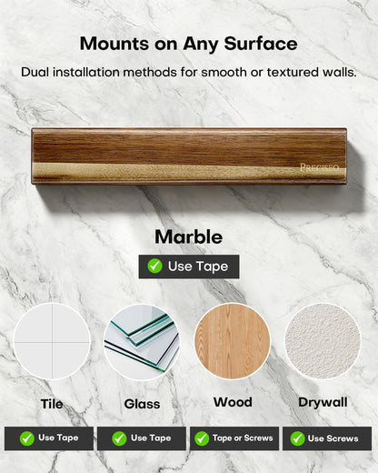 16"+10" Magnetic Knife Holder for Wall, Acacia Wood Knife Magnetic Strip Set with 5 Hooks for Kitchen Utensil Organization - No Drill Adhesive or Screw Mount, Complete Mounting Kit & Gift Box