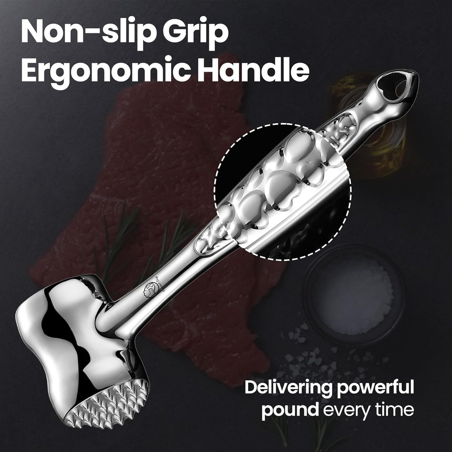 Stainless Steel Meat Tenderizer Tool, Premium Meat Mallet with Non-Slip Grip, Dual-sided Kitchen Mallet Ideal for Tenderizing Steak, Poultry & Chicken Cutlet, Dishwasher Safe with Lifetime Replacement