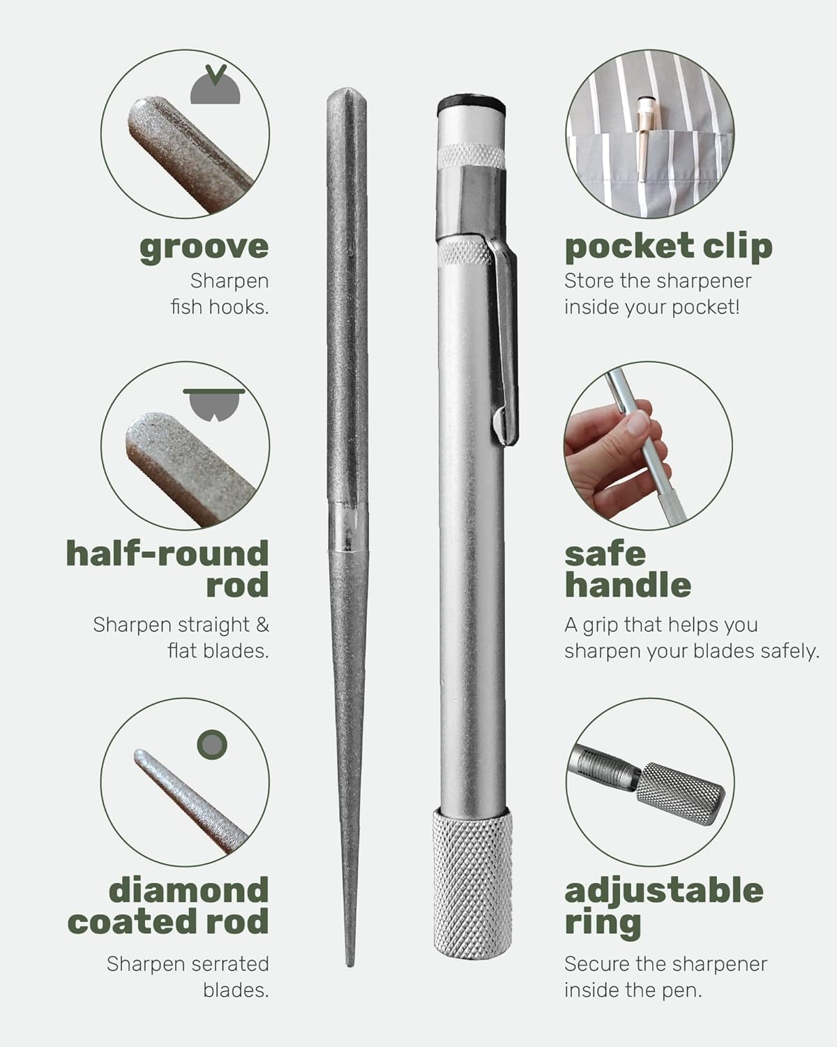 Wamery Serrated Knife Sharpener 2 Pack - Retractable Diamond Rod Pocket Sharpener for Serrated & Straight Blades - Multifunctional Sharpening Tool for Outdoor Kitchen Fishing Hunting (Silver & Black)