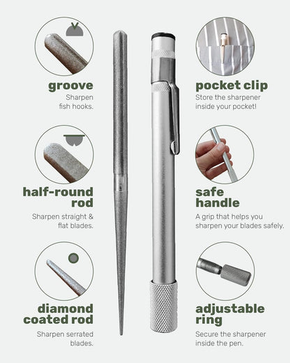 Wamery Serrated Knife Sharpener 2 Pack - Retractable Diamond Rod Pocket Sharpener for Serrated & Straight Blades - Multifunctional Sharpening Tool for Outdoor Kitchen Fishing Hunting (Silver & Black)