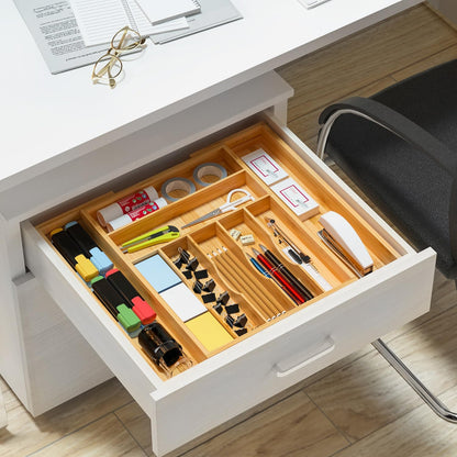 Utensil Organizer Silverware Drawer Organizer - Bamboo Expandable Cutlery Tray with Dividers for Utensil Holder Office Storage Makeup Desk Drawer Tool Organization W13.5"-19.5" x L17.5" x H2.5"(Black) | Expandable