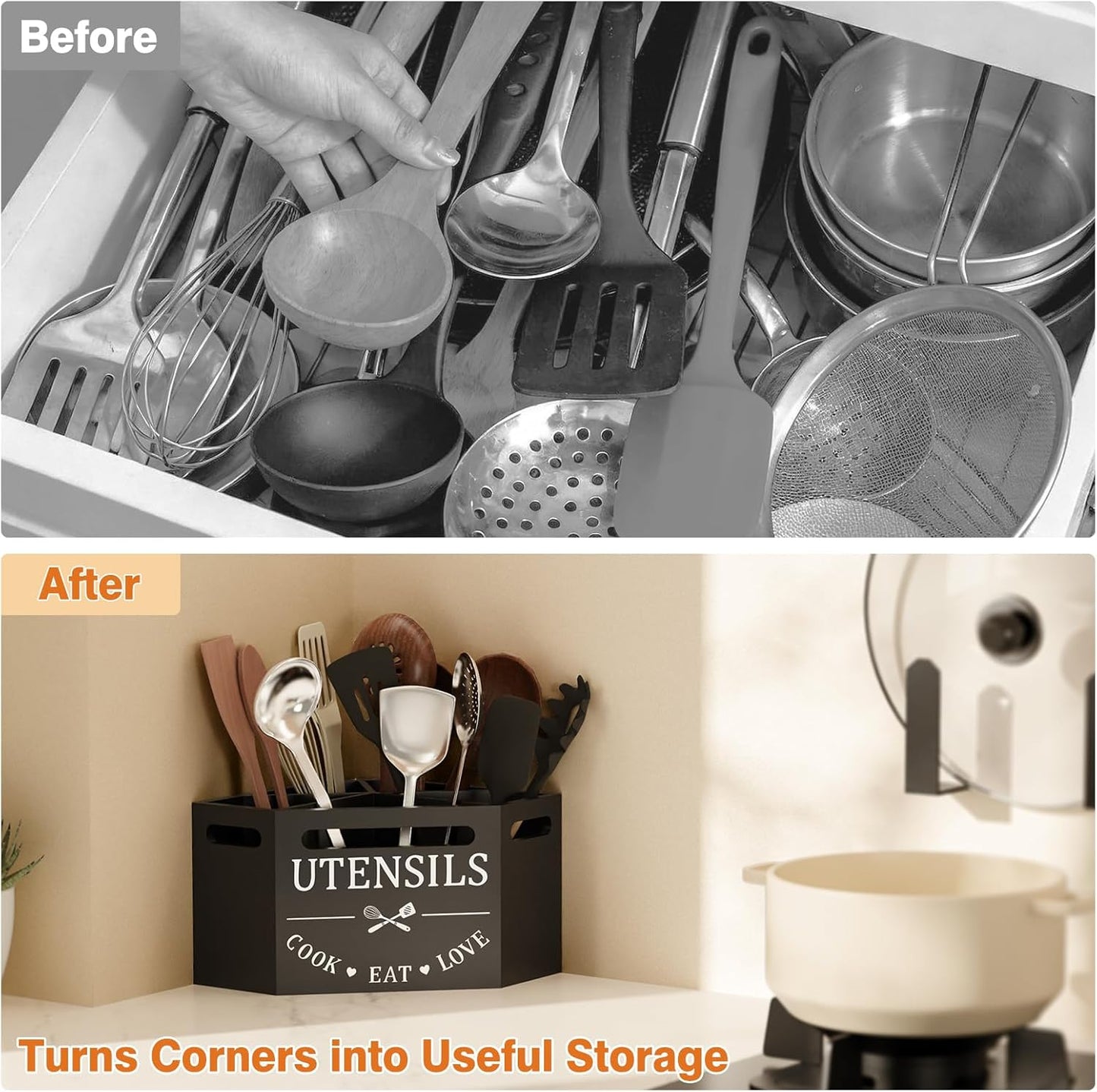 Kitchen Utensils Holder with 5 Compartments, Corner Utensil Caddy for Countertop, Black Large Wooden Utensil Organizer for Kitchen Countertop for Silverware Spoon Spatula