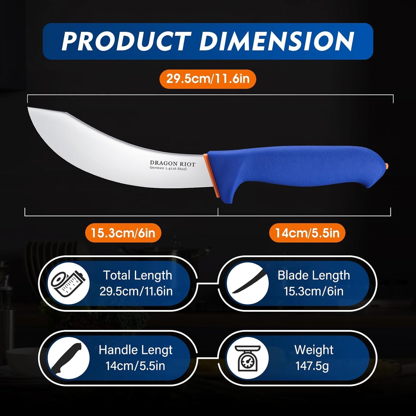 DRAGON RIOT Carving Knife 10 Inch, Brisket Slicing Knife, Ultra Sharp Straight Edge Meat Knife, German 1.4116 Stainless Steel, Professional Slicer for Beef, Turkey & BBQ, Non-Slip Blue Handle