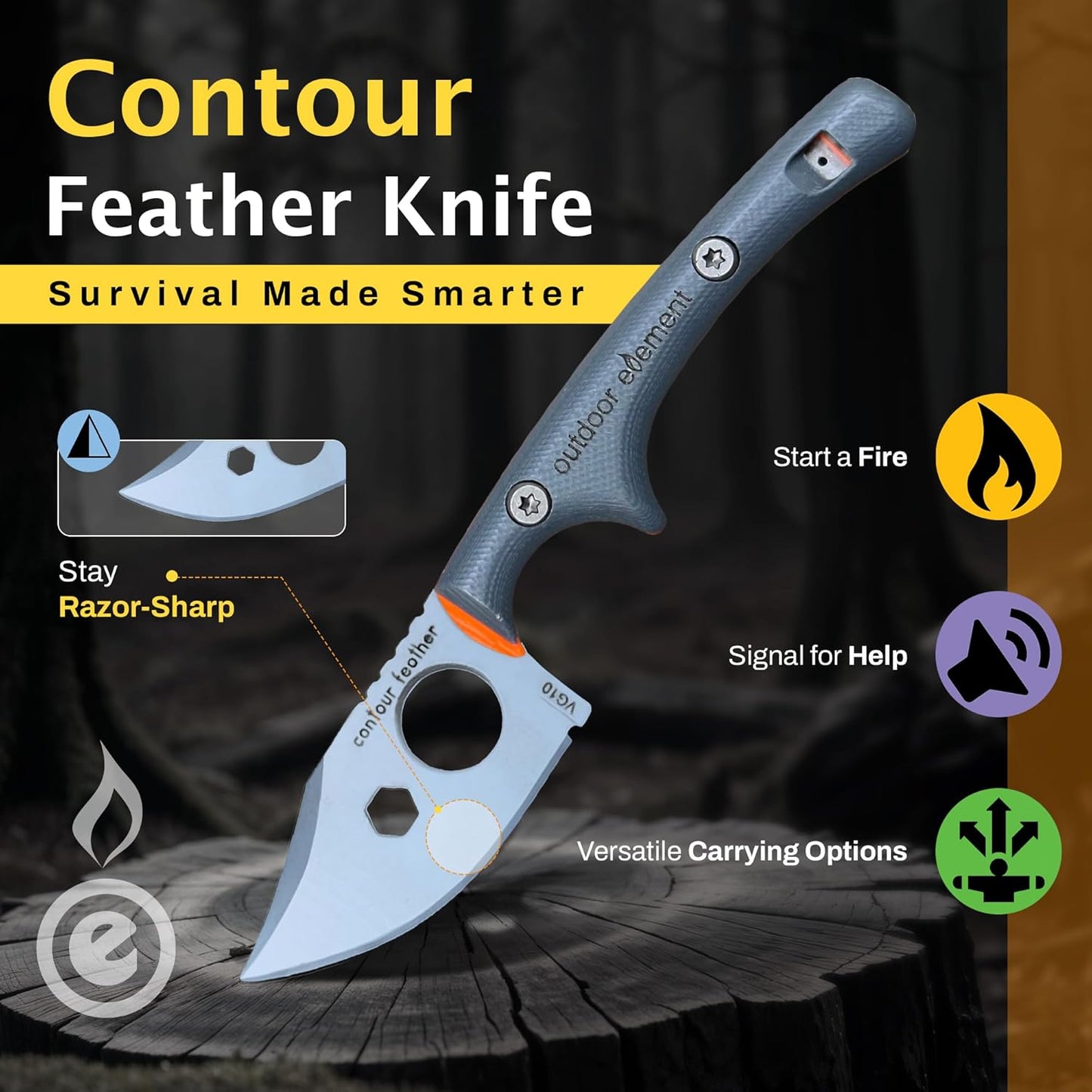 Scout Feather Glow - Fixed Blade Survival Knife with built-in Firestarter for Camping, Hunting, Outdoor Adventure and Culinary Need - VG10 Blade, Whistle, Knife Sharpener, Compact Sheath & G10 Handle