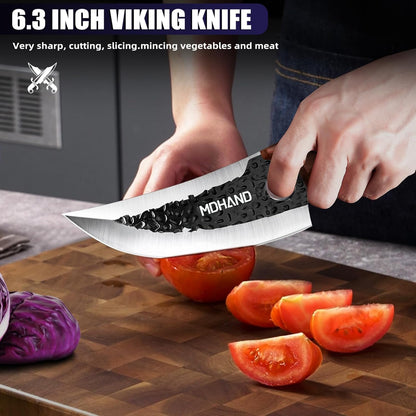 MDHAND Butcher Knife Set, 12PCS Hand Forged Serbian Chef Knife Set with Bag, High Carbon Steel Full Tang Kitchen Knives Set, Meat Cleaver & Boning Knife for Brisket Trimming BBQ Camping, Gift for Men