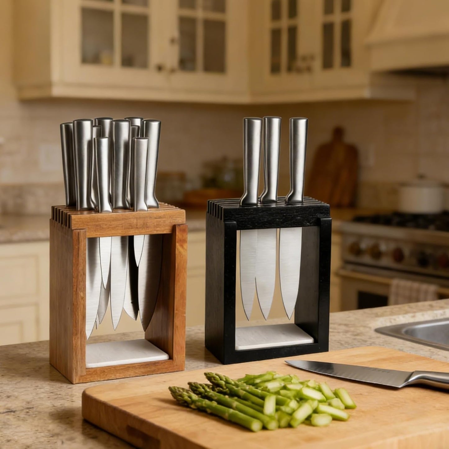 Universal Wood Knife Block Natural Acacia Wood Knife Holder for Kitchen Counter Large Capacity Slotted Storage for Chef, Steak Bread Knives Space-Saving Modern Design Non-Slip Base Black