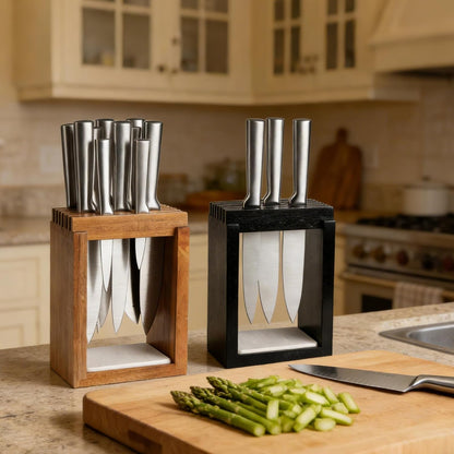 Universal Wood Knife Block Natural Acacia Wood Knife Holder for Kitchen Counter Large Capacity Slotted Storage for Chef, Steak Bread Knives Space-Saving Modern Design Non-Slip Base Black