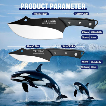 TIJERAS Butcher Knife Set, 3PCS Hand Forged Meat Cleaver, Serbian Chef Knife, Viking Knives with Sheaths, Meat Cutting Chef Knives Set for Kitchen Camping BBQ, Gifts for Men and Women