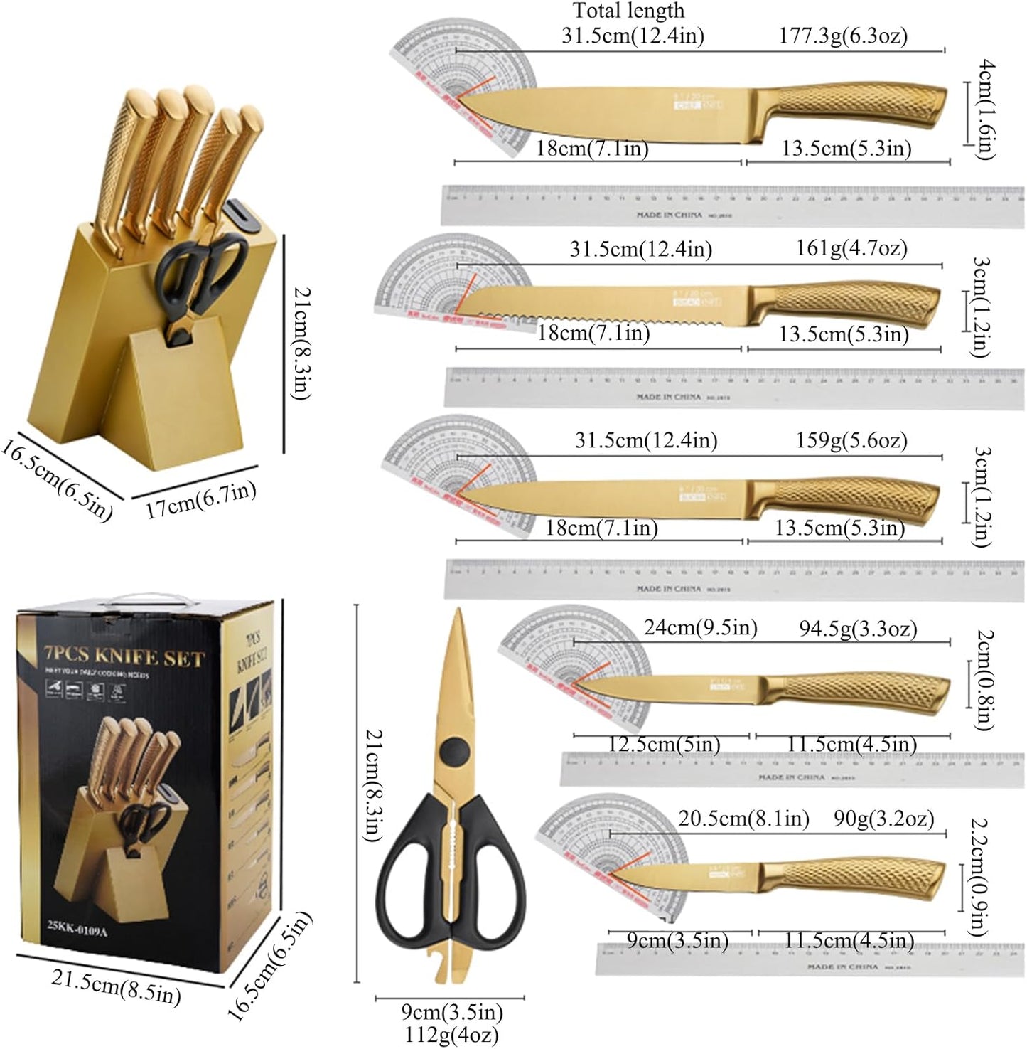 Luxury Gold Kitchen Knife Set，8-Piece Titanium Coated Dishwasher Safe Gold Chef Knife Set,Wooden Block with Built-In Sharpener Housewarming Gift for Home Kitchen