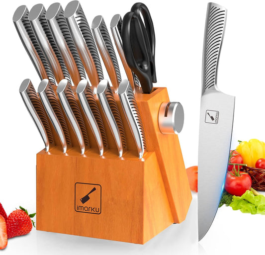 imarku 14-Piece Knife Block Set, Knife Set with Block and Build-in Sharpener, Japanese Stainless Steel Knife Set for Lasting Sharpness, Dishwasher Safe, Black