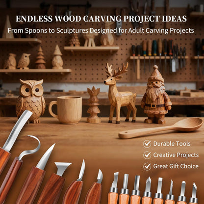 YOYUPETA Wood Carving Kit, 32-Piece Professional Whittling & Carving Tool Set with Walnut Handle Knives, Detail Gouges, Sharpening Stone, Strop, Basswood Blanks and Gloves for Adult Hobbyists & Craft