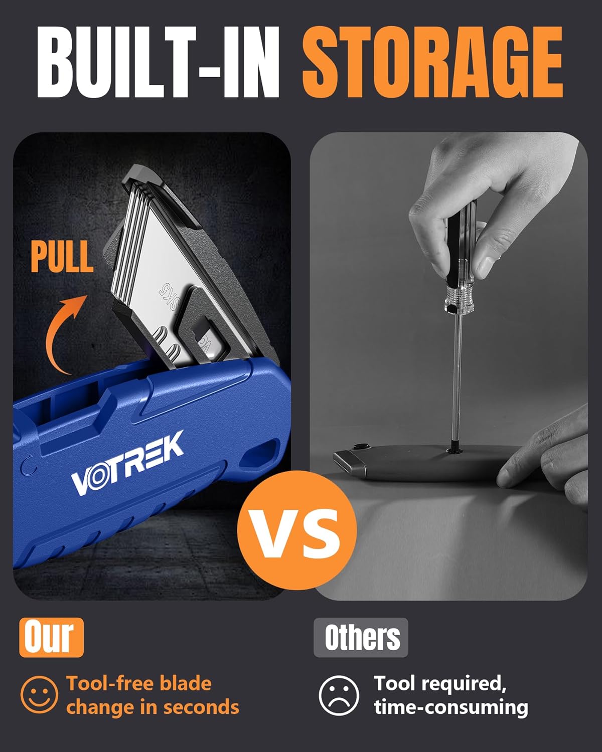 VOTREK® Box Cutter Retractable| Metal Utility Knife Set【Built-In Storage】 Tool-Free Quick Blade Change| Safety Lock| Extra 10 Sharp SK5 Blades| 2-Pack Heavy Duty Razor Knife for Cardboard & Plastic