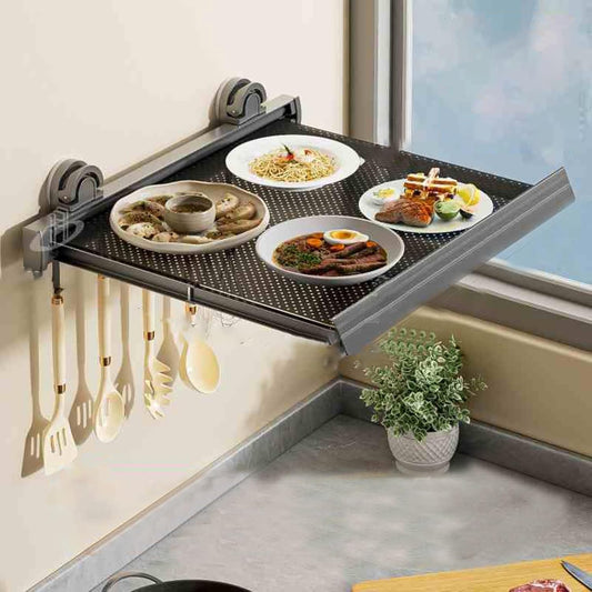 Wall-Mounted Kitchen Food Prep Trays Station, Foldable Suction Cup Food Preparation Rack, Kitchen Serving Accessories for Holding Dishes Spices Knives(White,44cm)