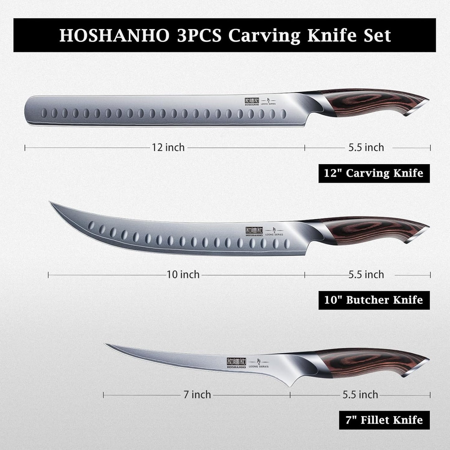 HOSHANHO 8 Inch Carving Knife & 7 Inch Fork Set, Professional Japanese High Carbon Steel Razor Sharp Butcher Brisket Slicing Knife Set for Meat Cutting, BBQ
