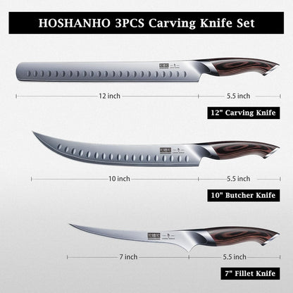 HOSHANHO 8 Inch Carving Knife & 7 Inch Fork Set, Professional Japanese High Carbon Steel Razor Sharp Butcher Brisket Slicing Knife Set for Meat Cutting, BBQ