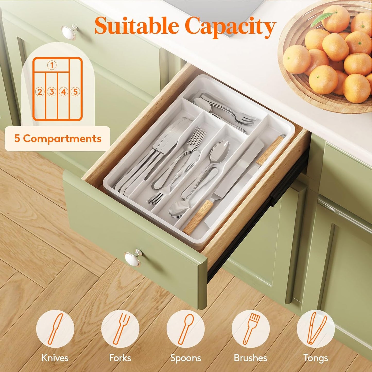Lifewit Silverware Drawer Organizer Tray, Plastic Cutlery Storage for Kitchen, Flatware and Utensil Holder Divider for Spoons Forks Knives Tableware, 9.1 x 12.6", 5 Slots, Black