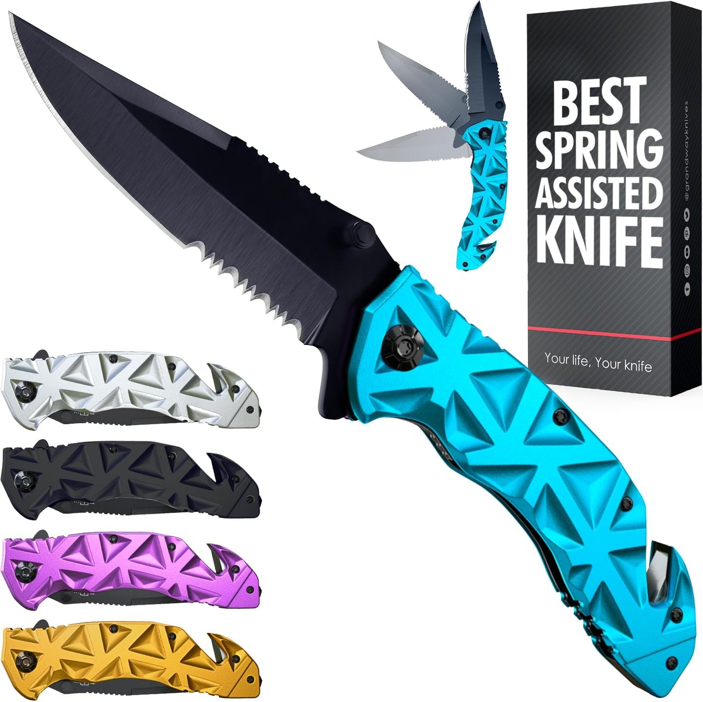 Pocket Knife for Men - Serrated Sharp 3.5" Folding Blade - Multifunction Tool with Wire Cutter Glass Breaker - Perfect Knives for Outdoor Cooking, Cutting Sashimi, Kitchen - Anniversary, Birthday Gifts Idea HB 207