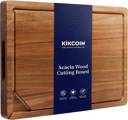 Acacia Wood Cutting Boards for Kitchen, Kikcoin 3 PCS Wooden Cutting Board Set with Holder, Chopping Board with Compartments and Juice Groove, Solid Charcuterie Boards Serving Tray Wood Butcher Block