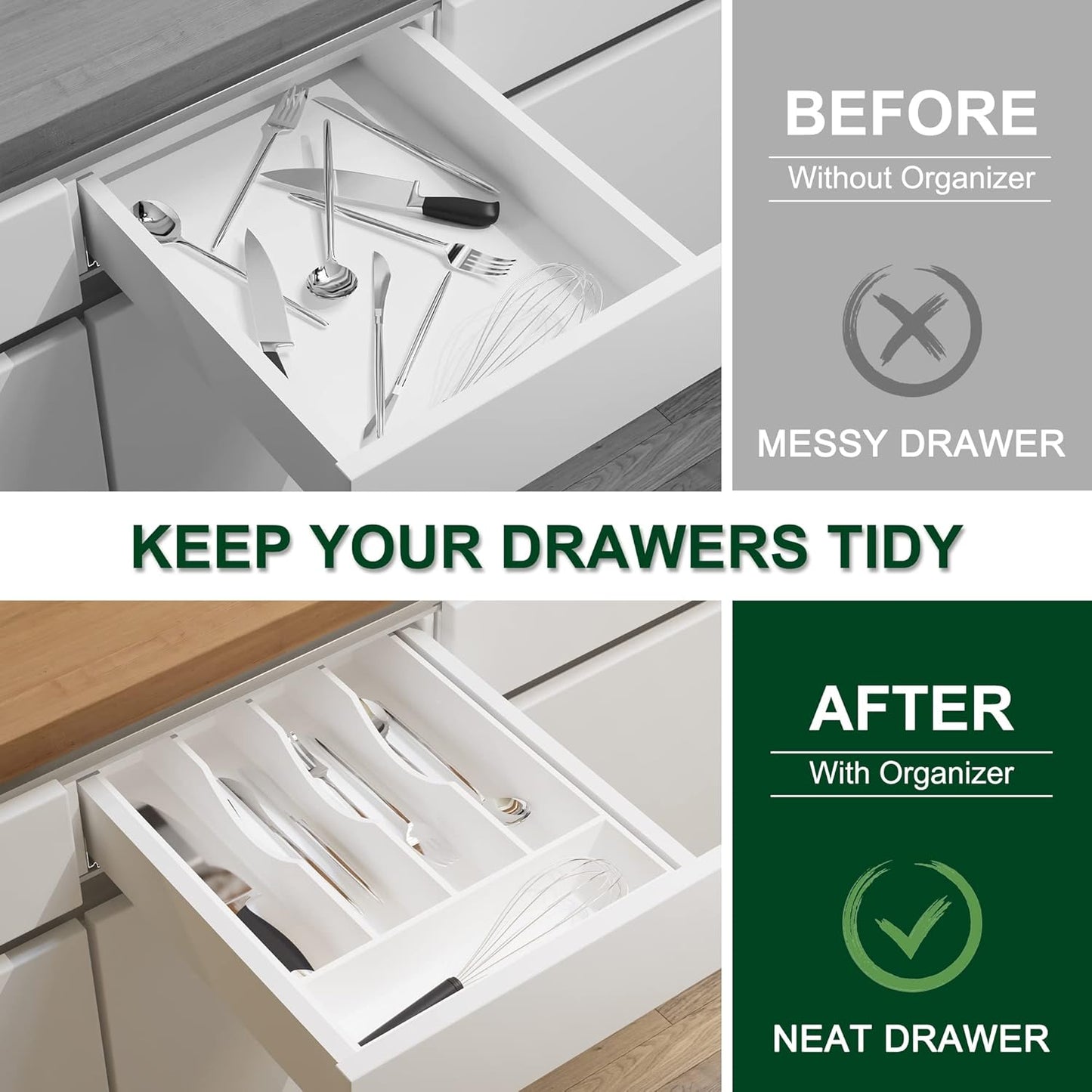 Bellsal Natural Utensil Organizer 12.5 Inch Silverware Organizer for Drawer Utensil Holder Cutlery Organizer Kitchen Drawer Organizer 7 Compartment Small Narrow Bamboo