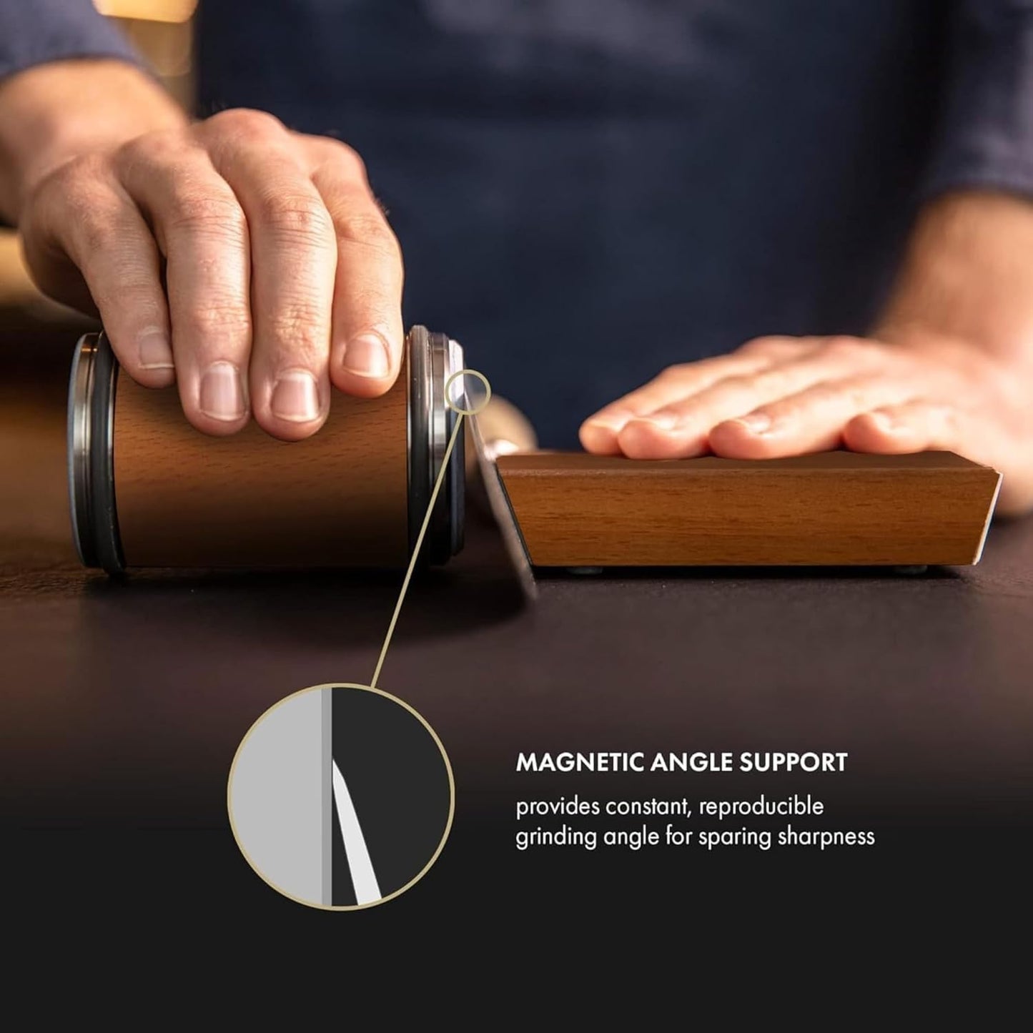 Rolling Knife Sharpener Kit - Compact Wooden Sharpener with 15° & 20° Magnetic Angle | Diamond Disc Knife Honing Tool | Professional Kitchen Use | Safe Sharpening for Home Cooking