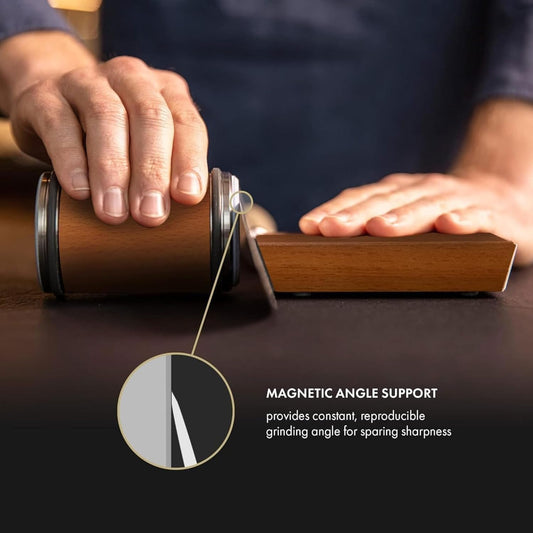 Rolling Knife Sharpener Kit - Compact Wooden Sharpener with 15° & 20° Magnetic Angle | Diamond Disc Knife Honing Tool | Professional Kitchen Use | Safe Sharpening for Home Cooking