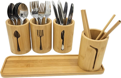 Bamboo Cutlery Holder Set - 3 Kitchen Utensils Holder Organiser with Bamboo Tray | Decorative Kitchen Countertop Stand | Knife, Fork and Spoon Holders