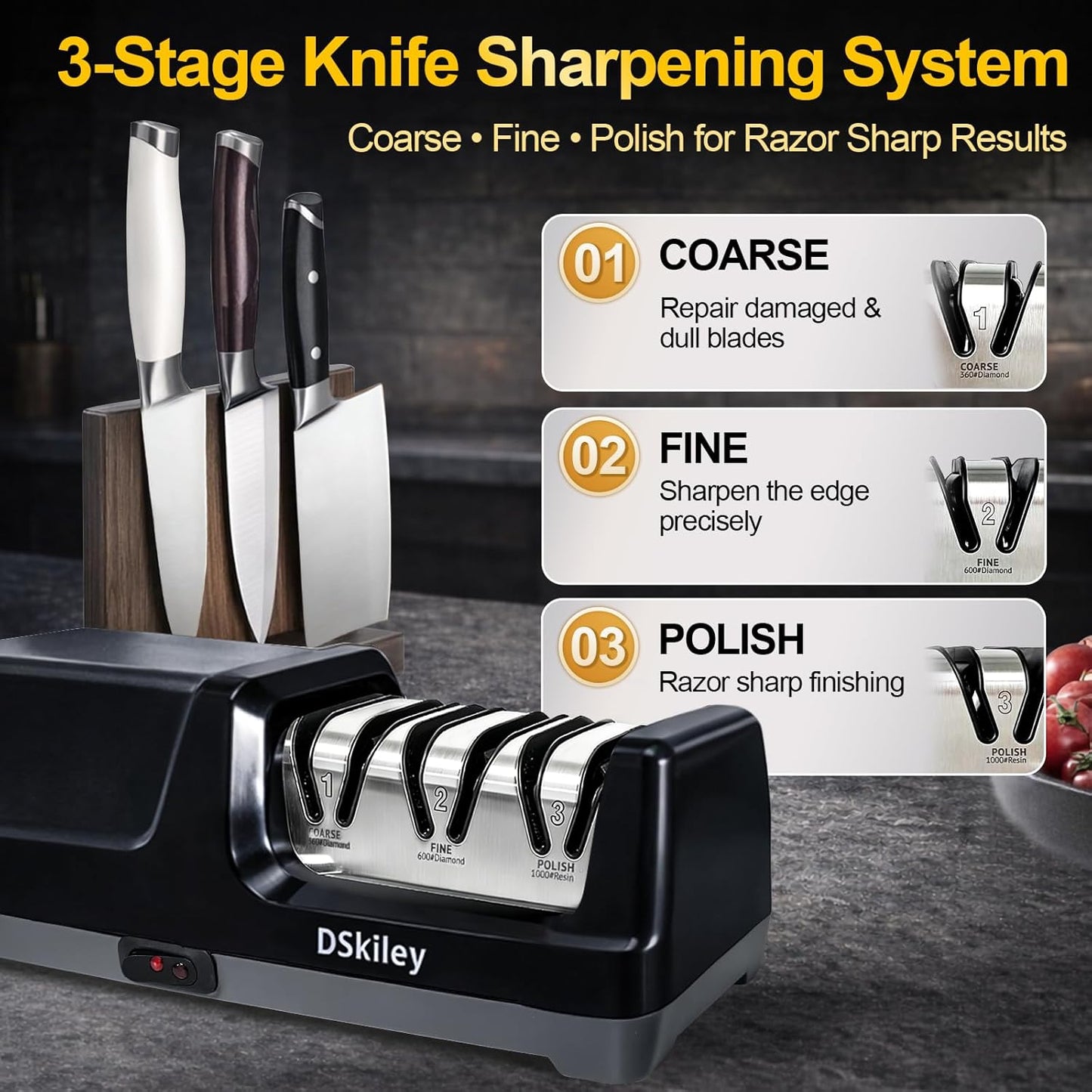 Electric Knife Sharpener for Kitchen – Professional 2-Stage 100% Diamond System with 20° Precision Angle, Fast Sharpening to Restore & Polish Chef Knives (2-Stage Silver)