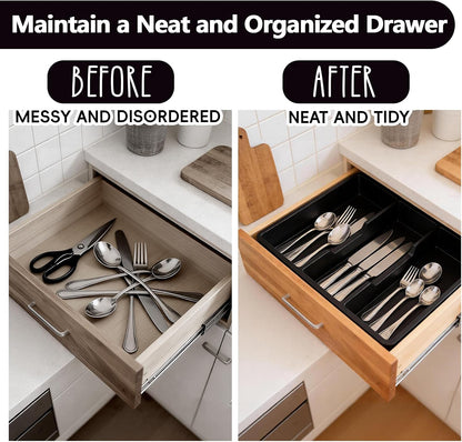 Kitchen Utensil Drawer Organizer, Expandable Cooking Silverware Tray, Adjustable Cutlery Flatware Holder for Spoon Fork Knife, 3 Compartments Black Plastic Spatula Tools Gadgets Storage Divider
