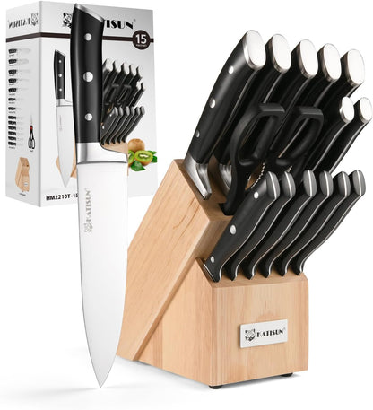 Kitchen Knife Set,14-Piece Knife Set With Block Wooden, Self Sharpening For Chef Knife Set, High Carbon German Stainless Steel Hammered Collection Knife Block Set, Dishwasher Safe Cutlery, Cream