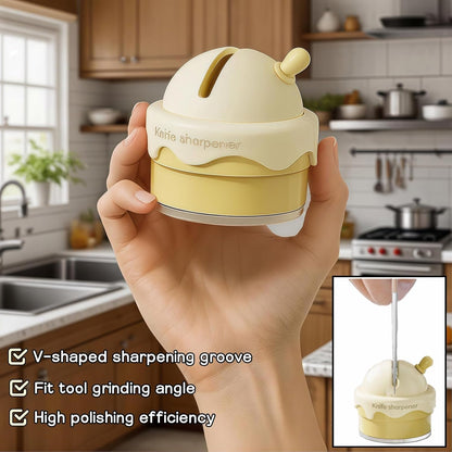Ice Cream Shaped Knife Sharpener,Cream Yellow,Ceramic V-Groove,6.5x2.6 Inch Portable Knife&Scissor Sharpener with Non-Slip Base,Ceramic Wheels,Fast & Easy Tool for Kitchen,Camping