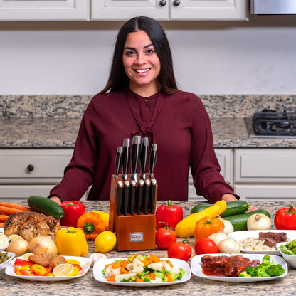 Deco Chef 16 Piece Kitchen Knife Set Stainless Steel with Wood Handles, 8" Chef, 6.5" Cleaver, 8" Bread, 8" Slicing, 4.5" Paring, 6pcs Steak Knives, Kitchen Shears, and more