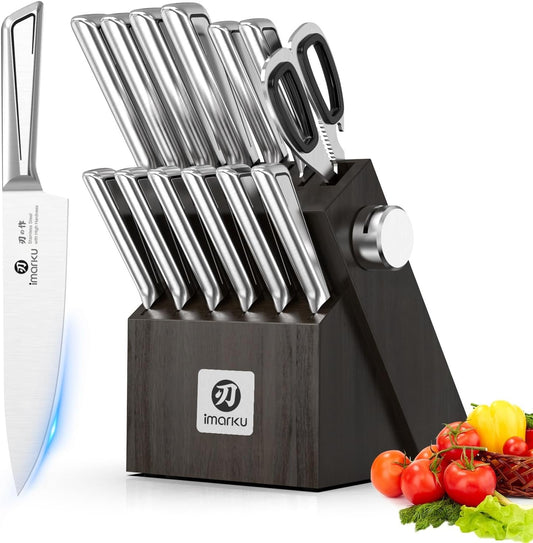 imarku Kitchen Knife Set with Block and Built-in Sharpener, Japanese Stainless Steel 14-Piece Knife Set with Utility Knife, Dishwasher Safe, Non-Slip Ergonomic Handles, Essential Gift for Home Cooks