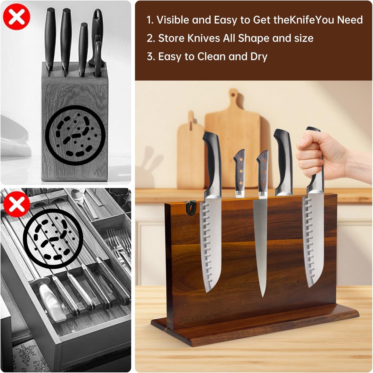 Magnetic Knife Block Holder Knife Holder Magnetic Knife Block Magnetic Knife Holder Wood Knife Set Holder Stand Knives Storage Rack for Small and medium-sized knives