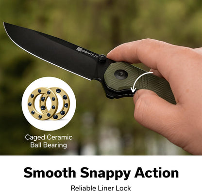 SENCUT Aetheris Pocket Knife, EDC Folding Knife with 3.68'' 9Cr18MoV Blade & Canvas Micarta Handle, Reversible Clip for Camping Hiking S24095-3(Black)