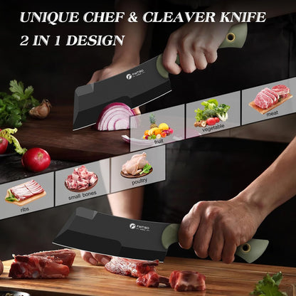 5.5 Inch Butcher Knife, 2-in-1 Chef & Meat Cleaver Knife with Sheath, Multipurpose Full Tang G10 Handle Kitchen Knives for Bone Chopping, 14C28N High Carbon Stainless Steel for Home and Outdoor