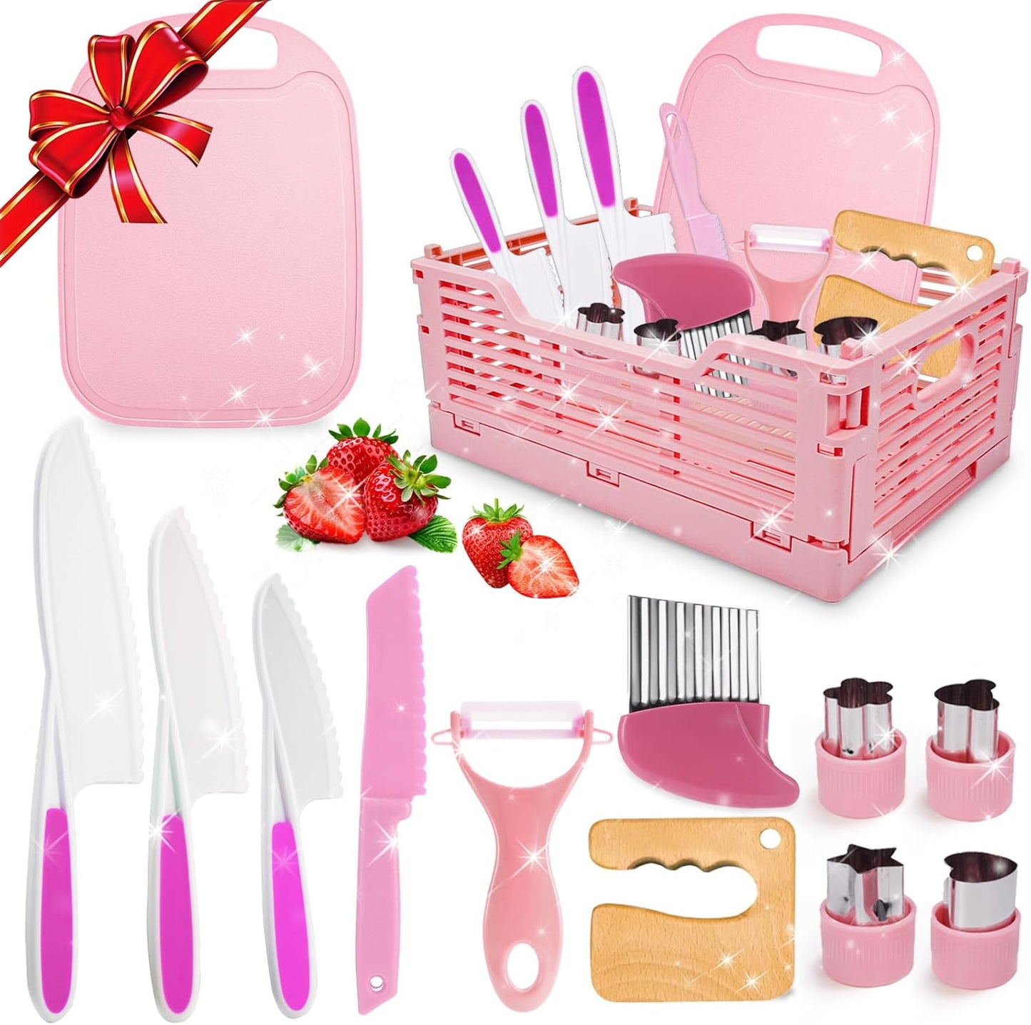 9 Pcs Kids Safe Knife Set for Real Cooking, Kids Kitchen Knife Set with Cutting Board,Crinkle Cutter,Sandwich Cutter, Montessori Kitchen Tools for Toddlers Kid 3-10 Years Old Girl Boy Birthday Gifts