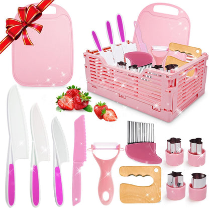9 Pcs Kids Safe Knife Set for Real Cooking, Kids Kitchen Knife Set with Cutting Board,Crinkle Cutter,Sandwich Cutter, Montessori Kitchen Tools for Toddlers Kid 3-10 Years Old Girl Boy Birthday Gifts