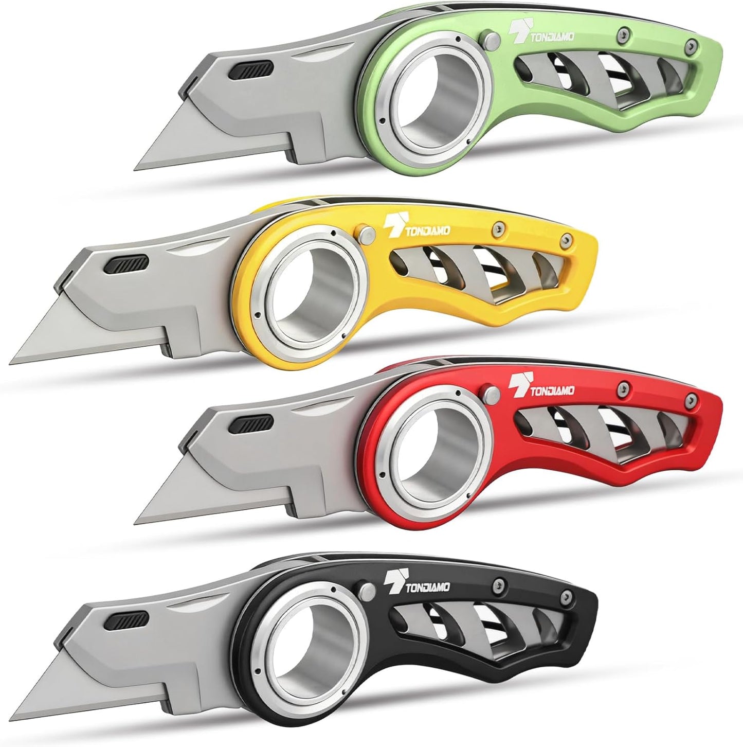 Tondiamo 4 Pcs Folding Pocket Utility Knife Heavy Duty Box Cutter Folding Razor Knife with Anti Slip Finger Loop Easy Change Blades 3 Lock Positions Design (Yellow,Red,Black,Green)