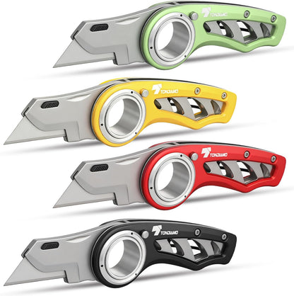 Tondiamo 4 Pcs Folding Pocket Utility Knife Heavy Duty Box Cutter Folding Razor Knife with Anti Slip Finger Loop Easy Change Blades 3 Lock Positions Design (Yellow,Red,Black,Green)
