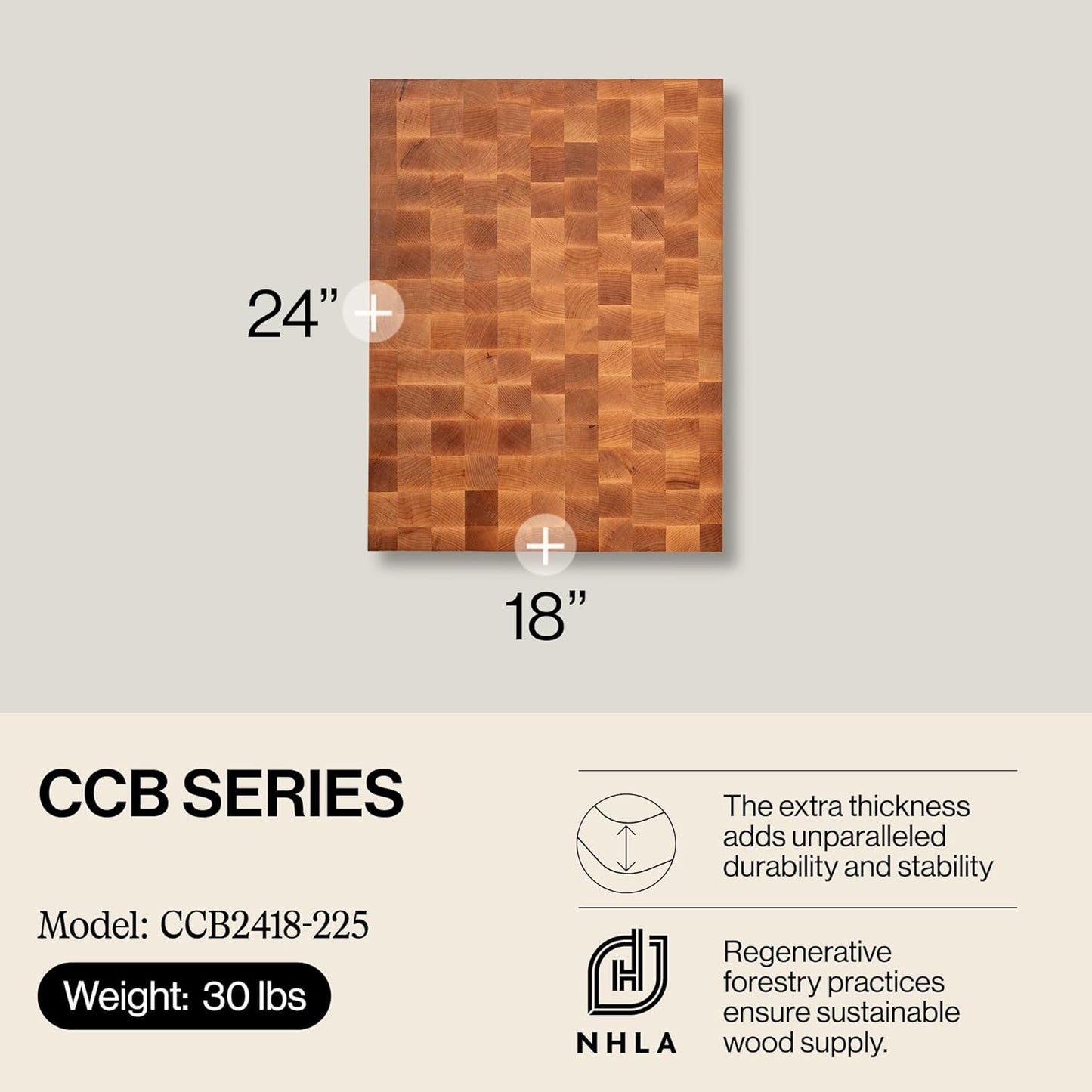 John Boos CCB Series Rectangular Wooden Maple Cutting Board 20”x15” – 2.25” Thick, 21-lb Reversible Butcher Block with End-Grain & Finger Grips – Made in the USA