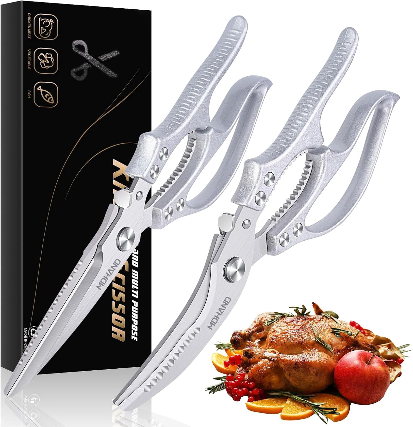 MDHAND Kitchen Shears Set, Heavy Duty Poultry Shears with Anti-Slip Handle & Safety Lock, Kitchen Food Scissors for Meat Chicken Fish Turkey Vegetables, Dishwasher Safe Cooking Scissors, Spring Loaded