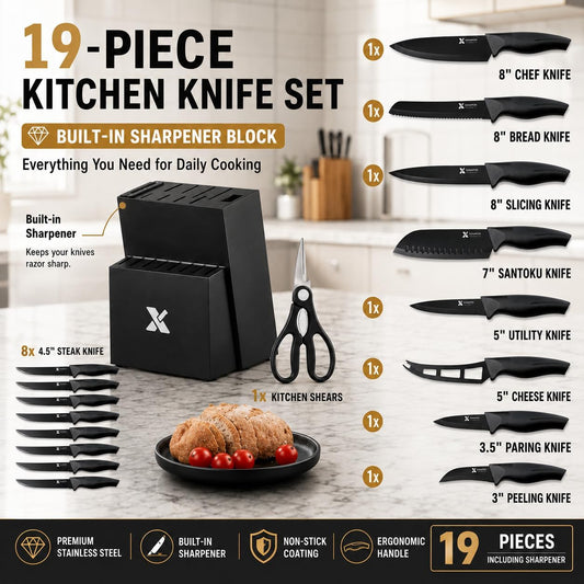 XANAPON 19-Piece Black Kitchen Knife Set with Block and Built-in Sharpener, High Carbon Stainless Steel Chef Knives Set for Kitchen with 8 Steak Knives, Ergonomic Handles, Perfect Housewarming Gift