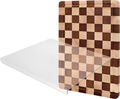 Checkered Cutting Board for Kitchen - Solid Wood End Grain Checkerboard Chopping Board with Handle & Juice Groove, Double Sided for Cooking, Serving and Decor, Rectangular 16" x 12" x 1"