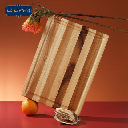 Thai End Grain Acacia Wood Striped Rectangular Butcher Board with Groove, best for chopping serving butcher board, prep station, kitchen deco, cheese, meat, bread, veggies & fruits, 19"x14"