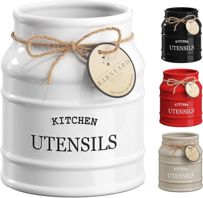 Barnyard Designs Ceramic Farmhouse Utensil Holder for Kitchen Counter, Large Rustic Utensil Crock, Countertop Cooking Tool Spatula Organizer, 6.75” (Taupe)
