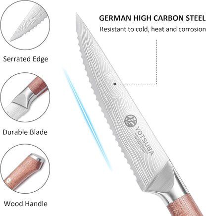 YOTSUBA Steak Knives Set of 6, Razor-Sharp 4.5 Inch Japanese Serrated Steak Knife Set, Full Tang Forged High Carbon Steel Dinner Knives with Ergonomic Handle and Gift Box